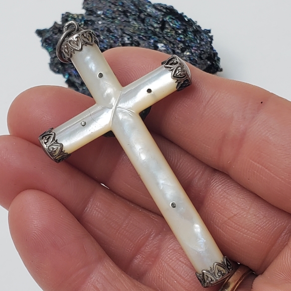 Antique French Mother of Pearl Cruxific 1800 Pendant Sterling Silver Large - Picture 10 of 11